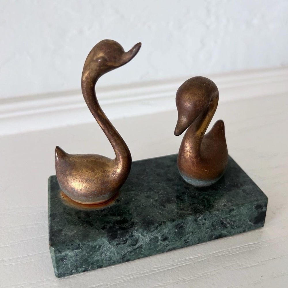 Elegant Vintage Brass Swans on Marble Base